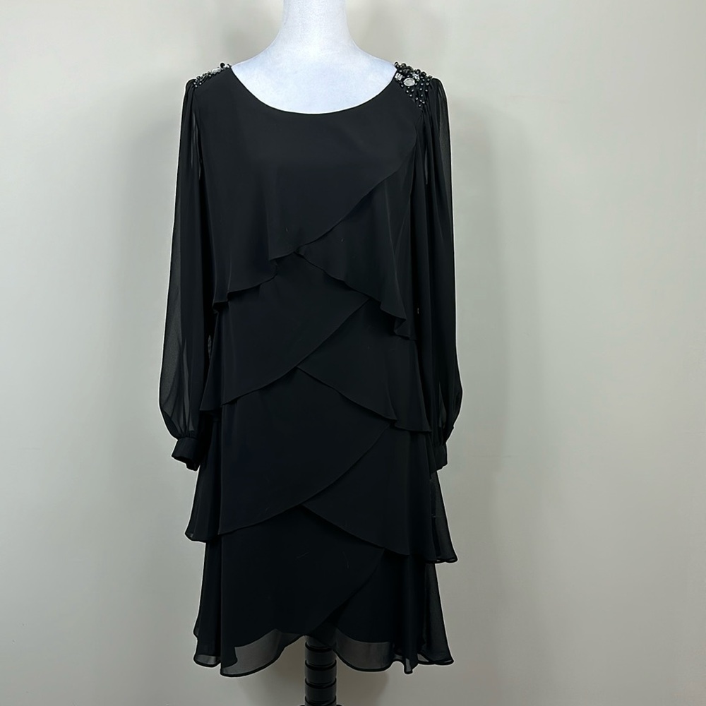 S.L Fashions Black Sequined Long Sleeve Ruffled Dress 14
